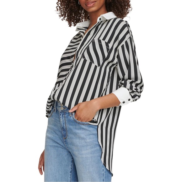 KARL LAGERFELD PARIS High Low Striped Button Down Shirt XL - Picture 2 of 10